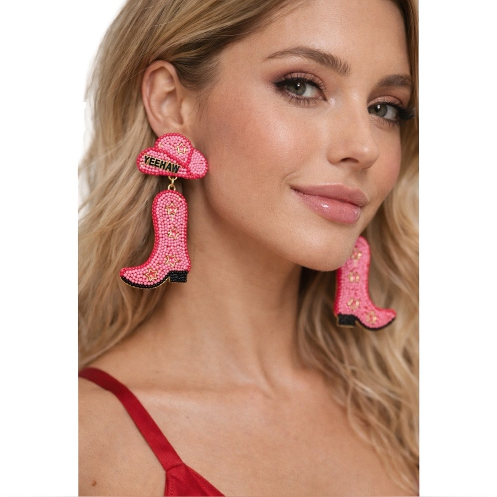 Hot Pink "YEEHAW" Beaded & Star Studded Cowgirl Boot Earrings - Picture 1 of 3